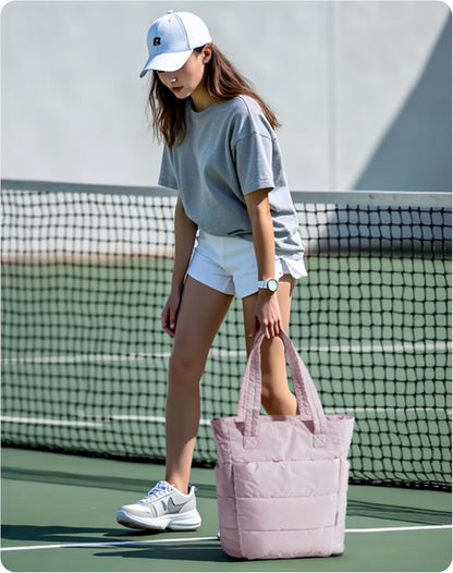 Women's Quilted Tote Bag Lightweight Puffy Shoulder Bag with Compartments