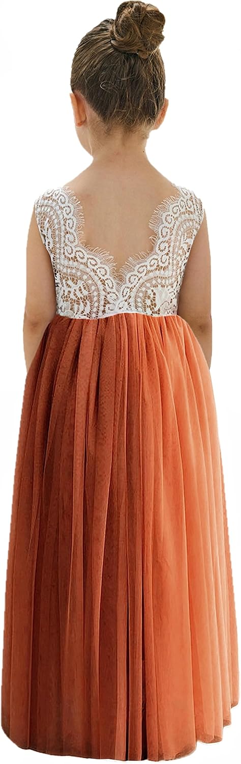 Girls Tulle Flower Girl Dress - Lace Back A-Line Party Dress 7-8 Years Burnt Orange Sleeveless Maxi