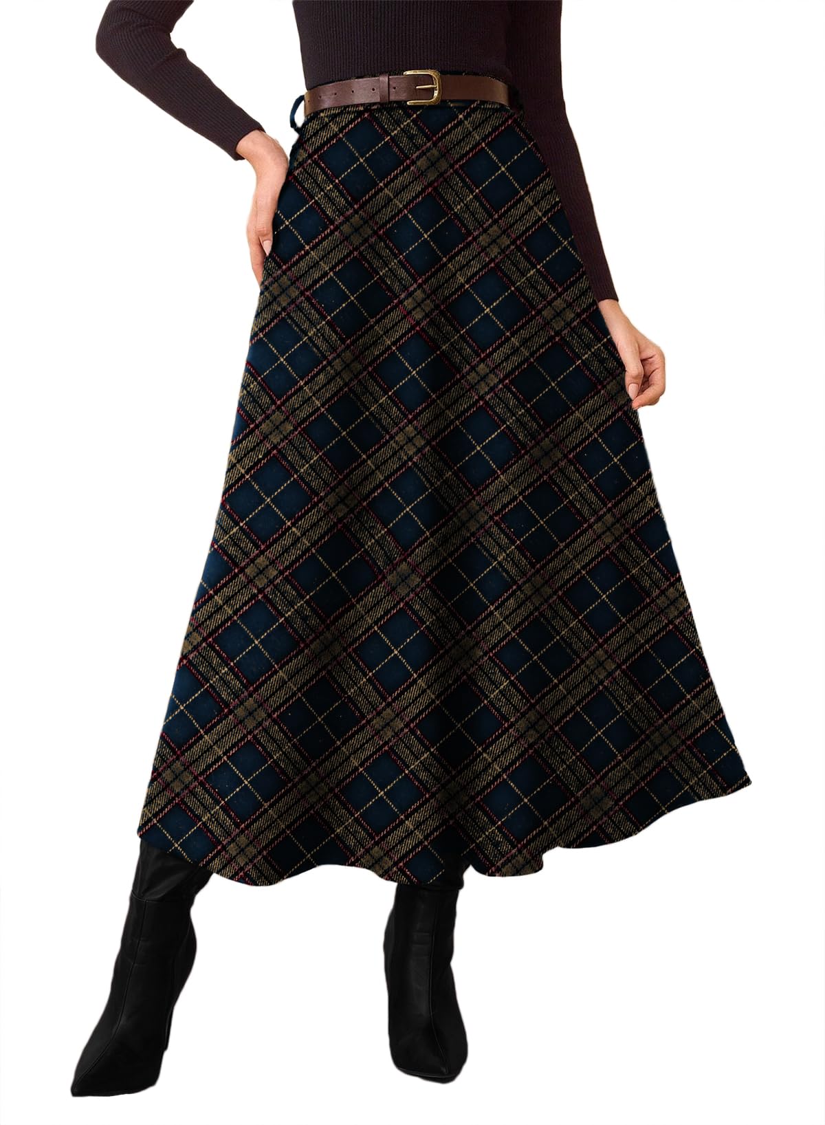 Women's Plaid Skirts - High Waist A-Line Midi Tartan Skirt with Pockets