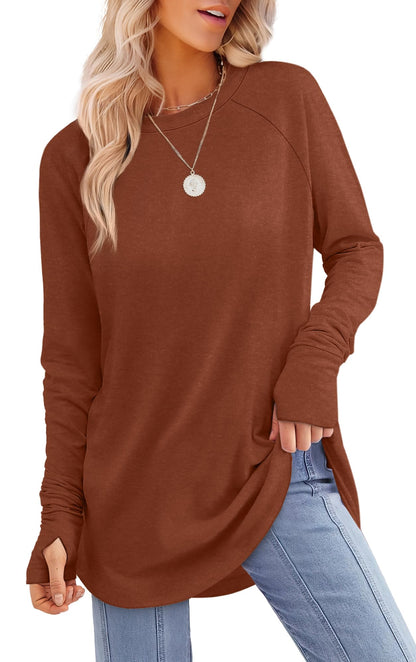 Tunic Top with Thumb Holes for Women - Long Sleeve Shirt with Curved Hem E-brown