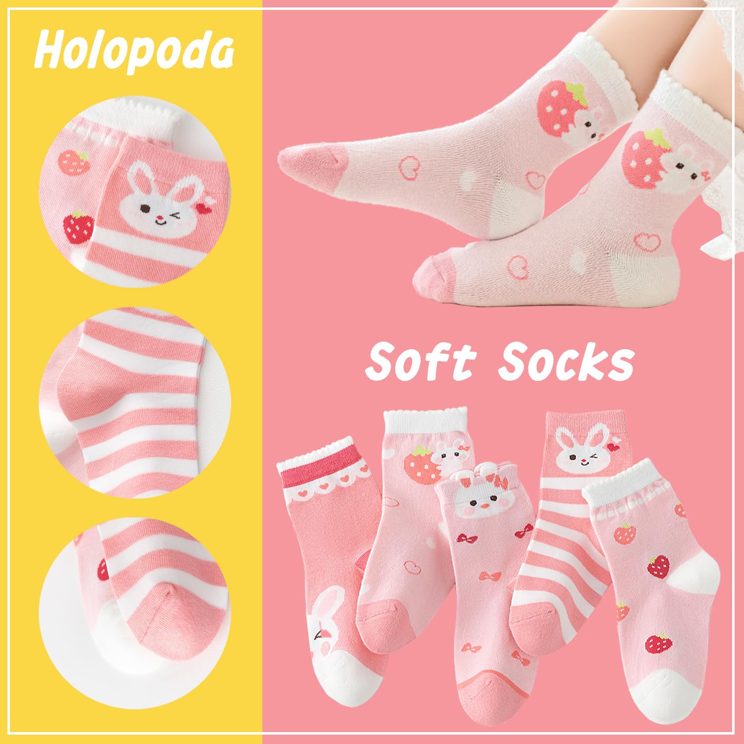 Girls Cotton Crew Socks 5 Pack - Cartoon Bunny Animal Socks for Kids Ages 2-12