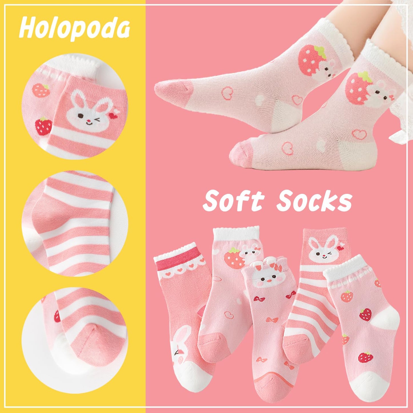 Girls Cotton Crew Socks 5 Pack - Cartoon Bunny Animal Socks for Kids Ages 2-12