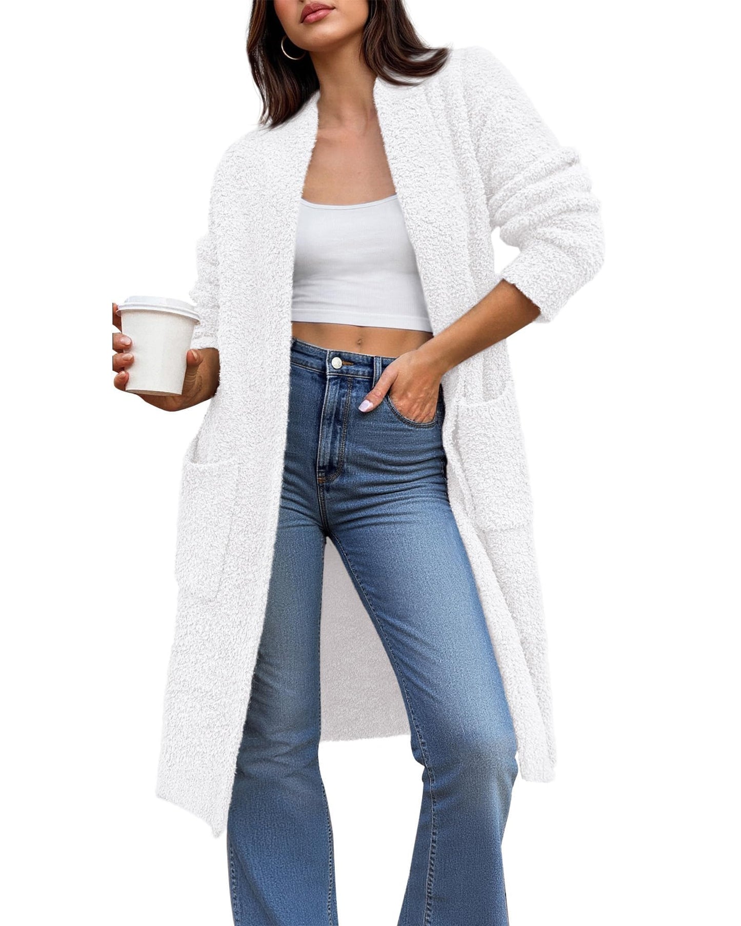 Women's Long Cardigan Sweater - Open Front Oversized Knit Coat with Pockets