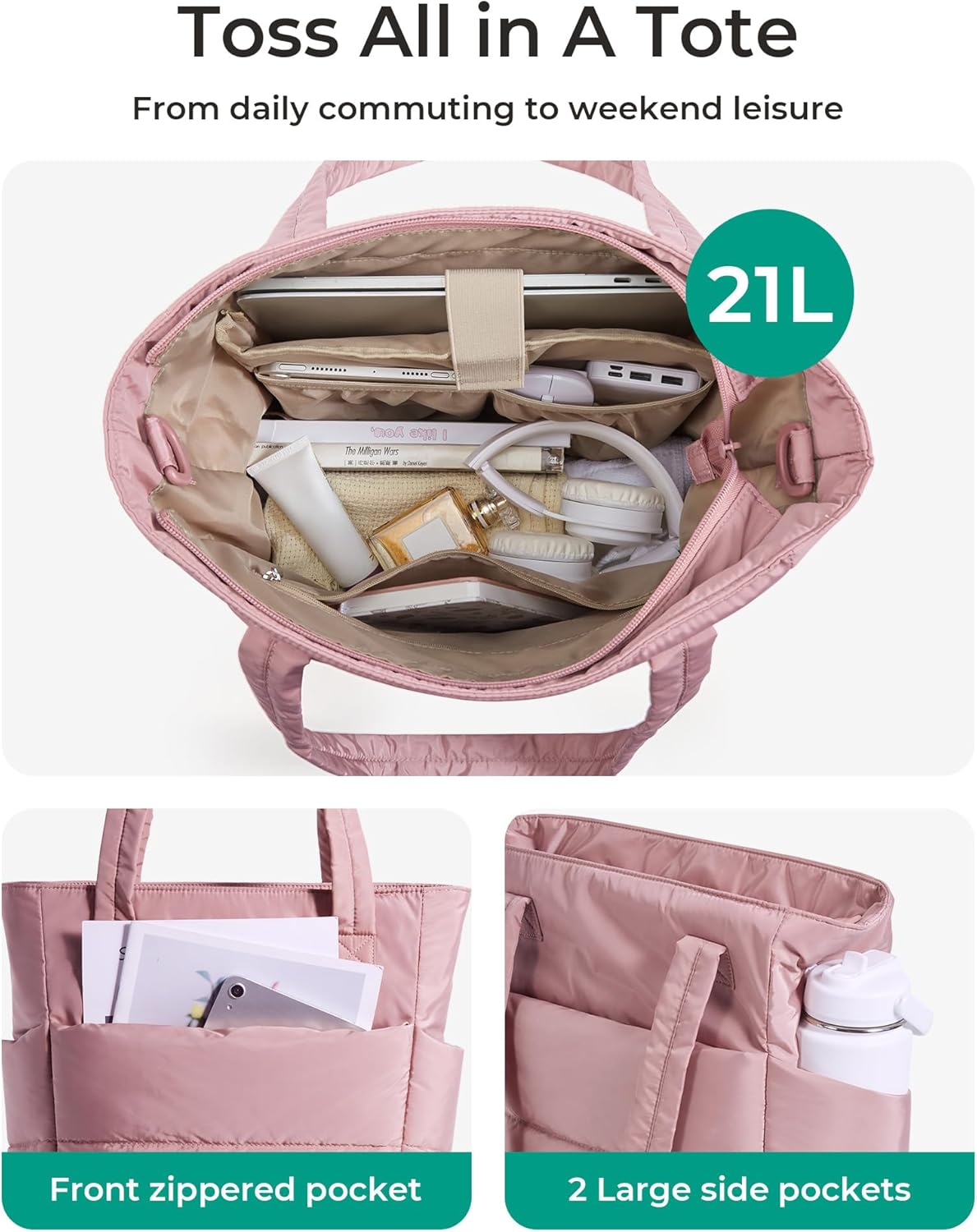 Women's Quilted Tote Bag Lightweight Puffy Shoulder Bag with Compartments