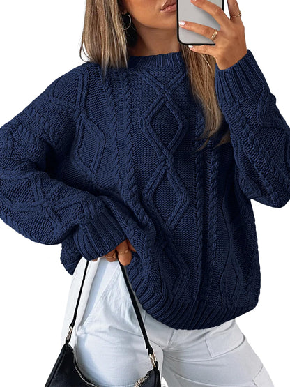Women's Oversized Cable Knit Crewneck Sweaters - Cozy Fall Pullover