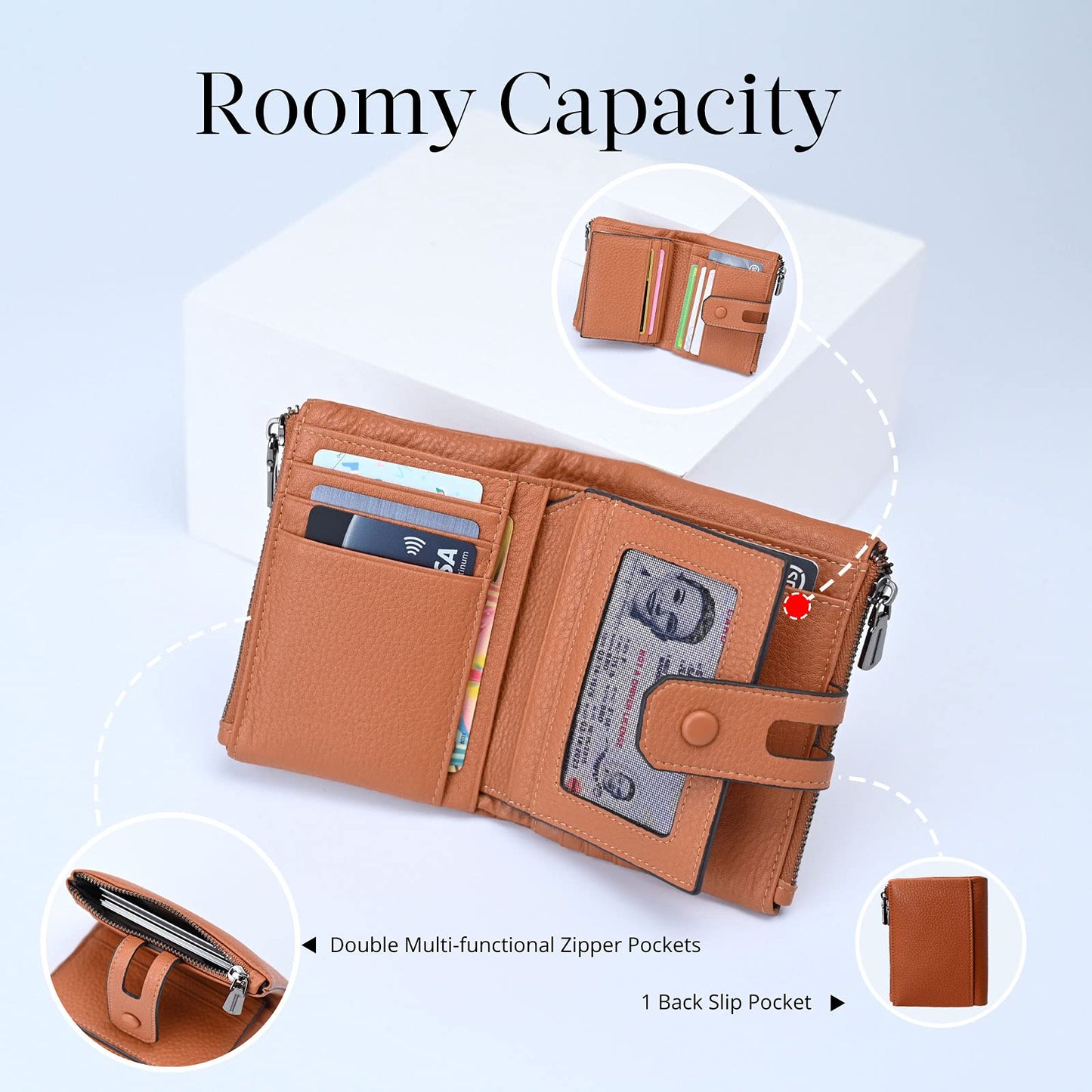 Women Leather Wallet - Small RFID Blocking Card Holder with Double Zipper