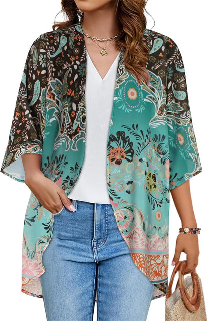 Floral Print Kimono Cardigan Women Puff Sleeve Cover Up Casual Blouse Loose Top X-Large Green Gradient Print