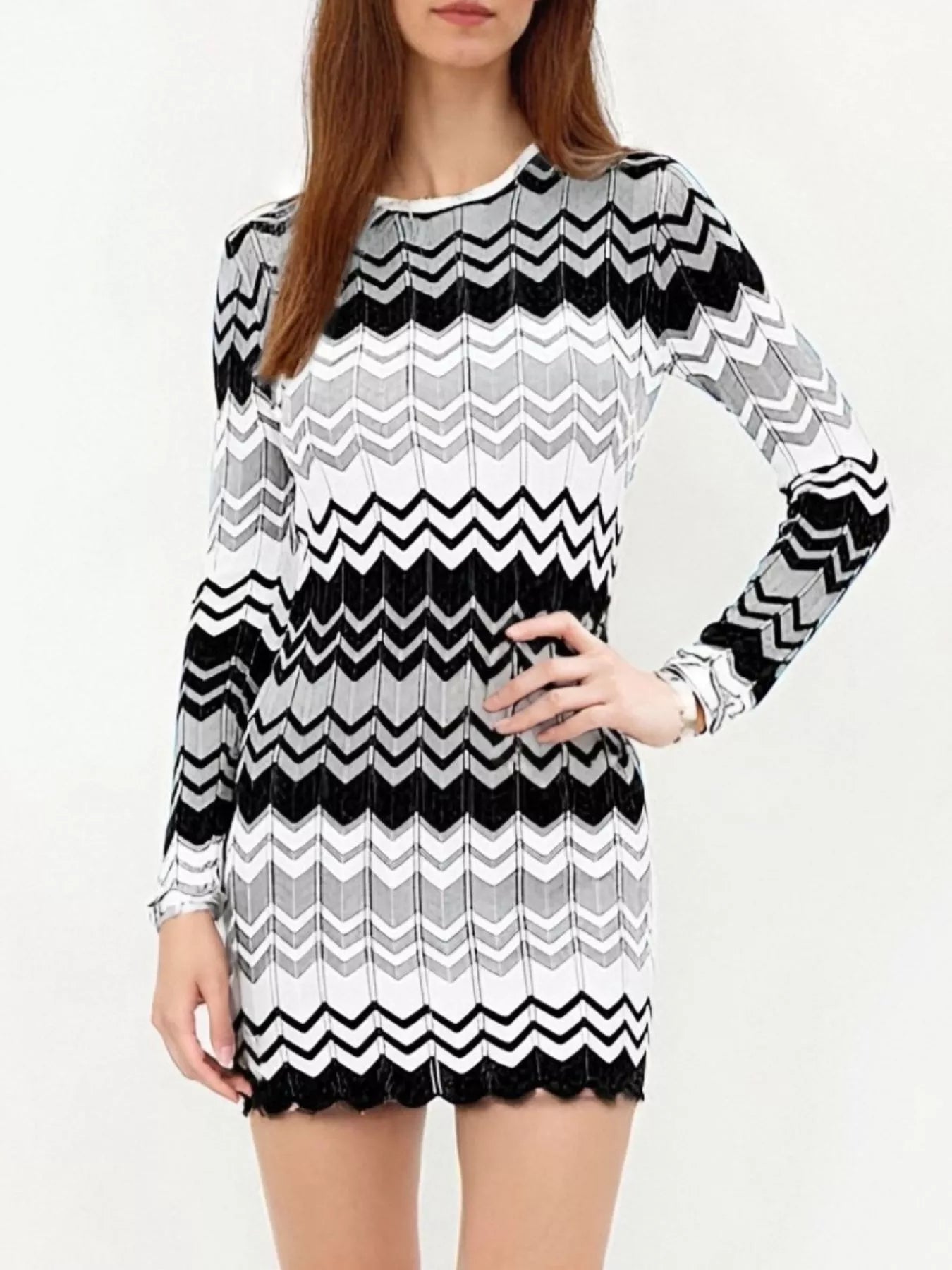Openwork Wave Pattern Long Sleeve Sweater Dress
