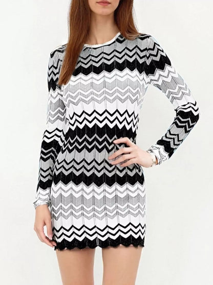 Openwork Wave Pattern Long Sleeve Sweater Dress