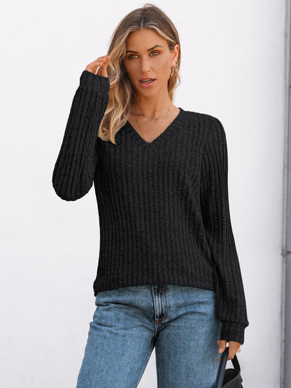V Neck Long Sleeve Sweater for Women - Loose Fit Tunic Top for Fall & Winter