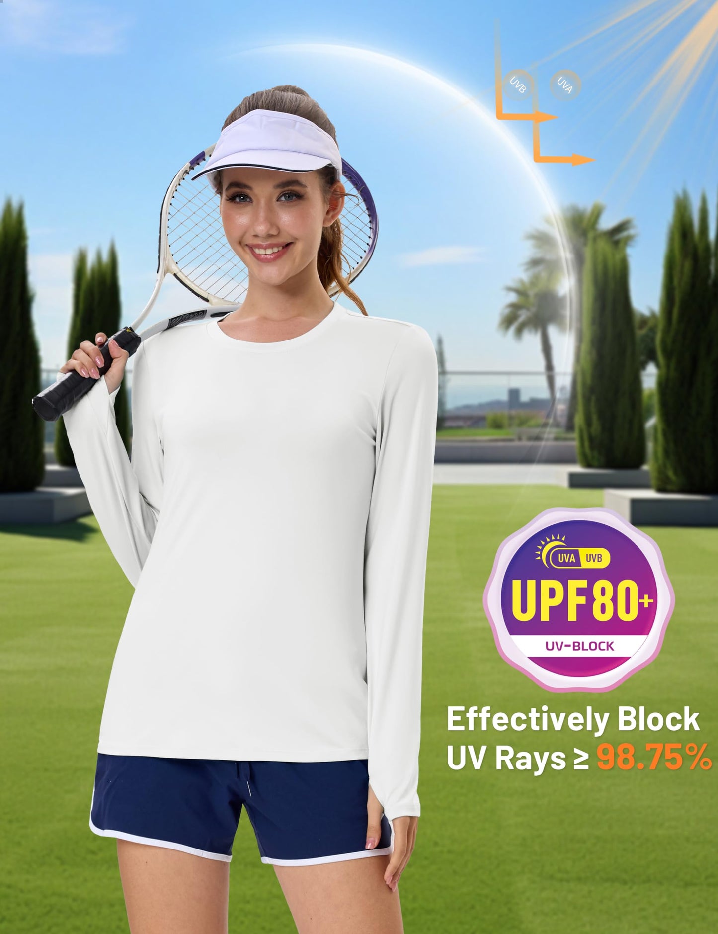 Women's UPF 80+ Long Sleeve Rash Guard - Quick Dry Athletic Shirt with Thumb Holes