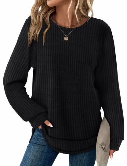 Women's Tunic Tops - Loose Fit Waffle Knit Long Sleeve Crewneck Sweaters Black