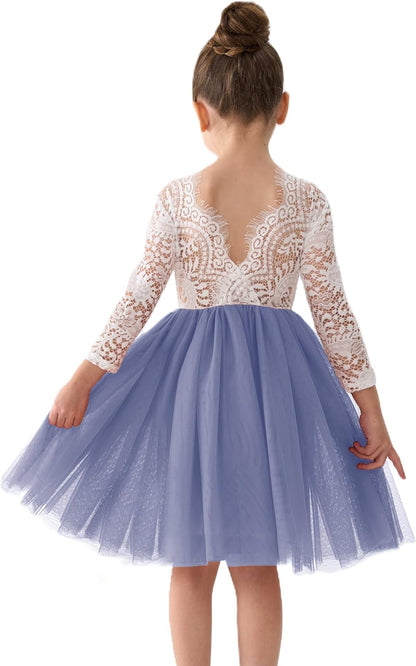 Girls Tulle Flower Girl Dress - Lace Back A-Line Party Dress Bluish Gray Sleeve Short