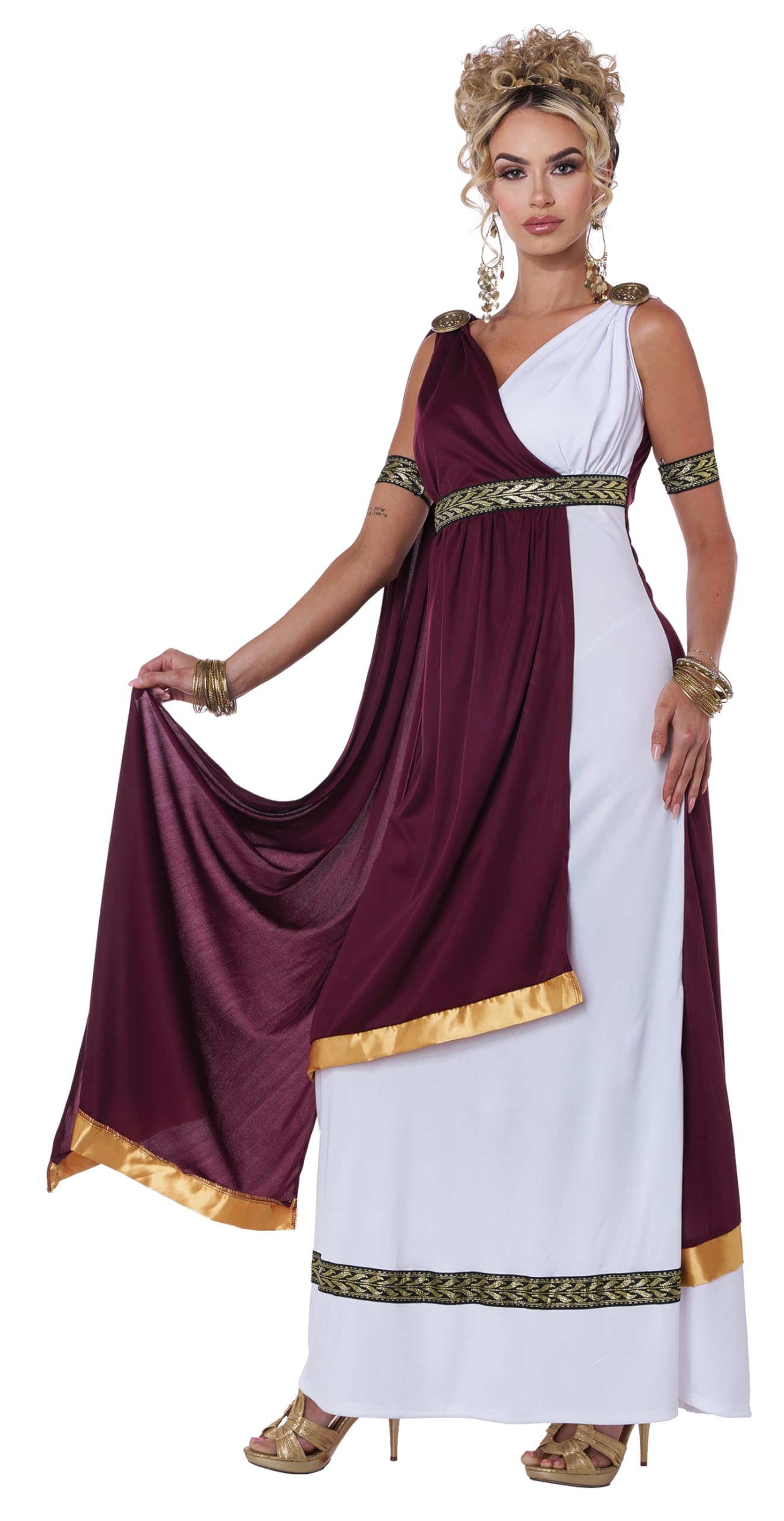 Women's Roman Empress Costume - White Dress with Gold Trim and Drape White Burgundy