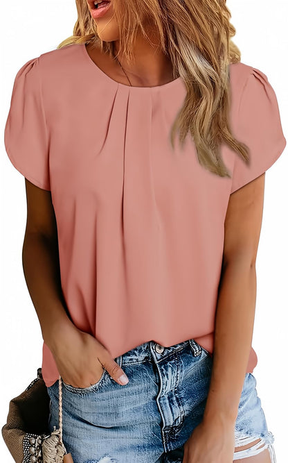 Polyester Blouses - Women's Chiffon Blouse Short Sleeve Pleated Top with Keyhole Back Detail Dusty Pink