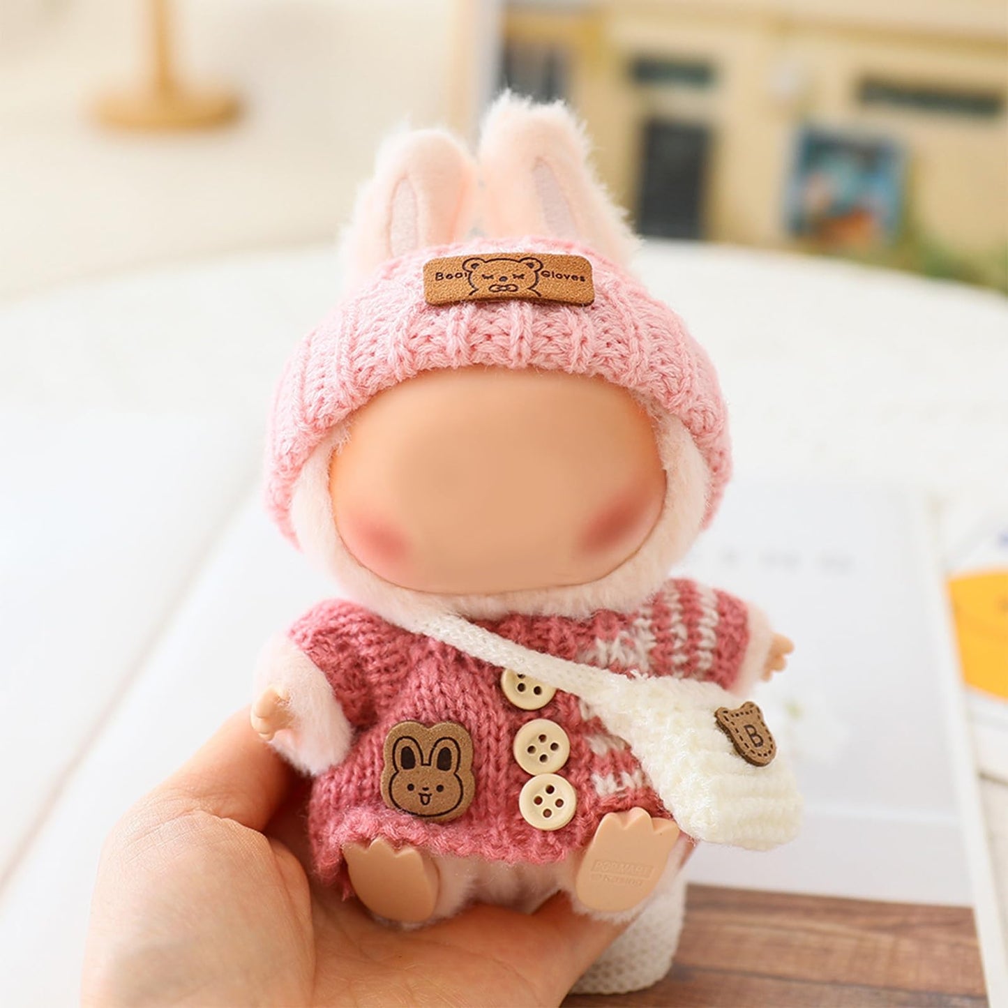 3 Piece Handmade Crochet Outfit for 17cm Dolls - Heart Sweater Hat & Bag Set