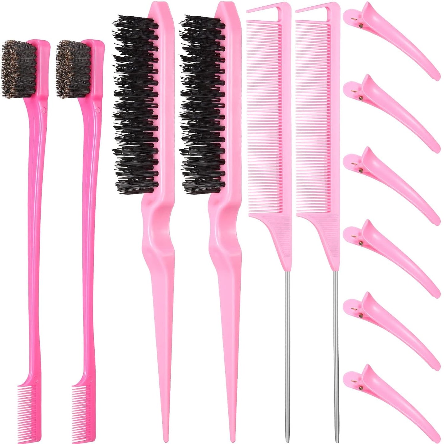 Hair Brush Set 12 Pieces Double Sided Edge Brush Teasing Combs Styling Kit Pink