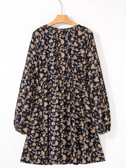 Floral Deep V Neck Smocked Bust Bubble Sleeve Babydoll Dress