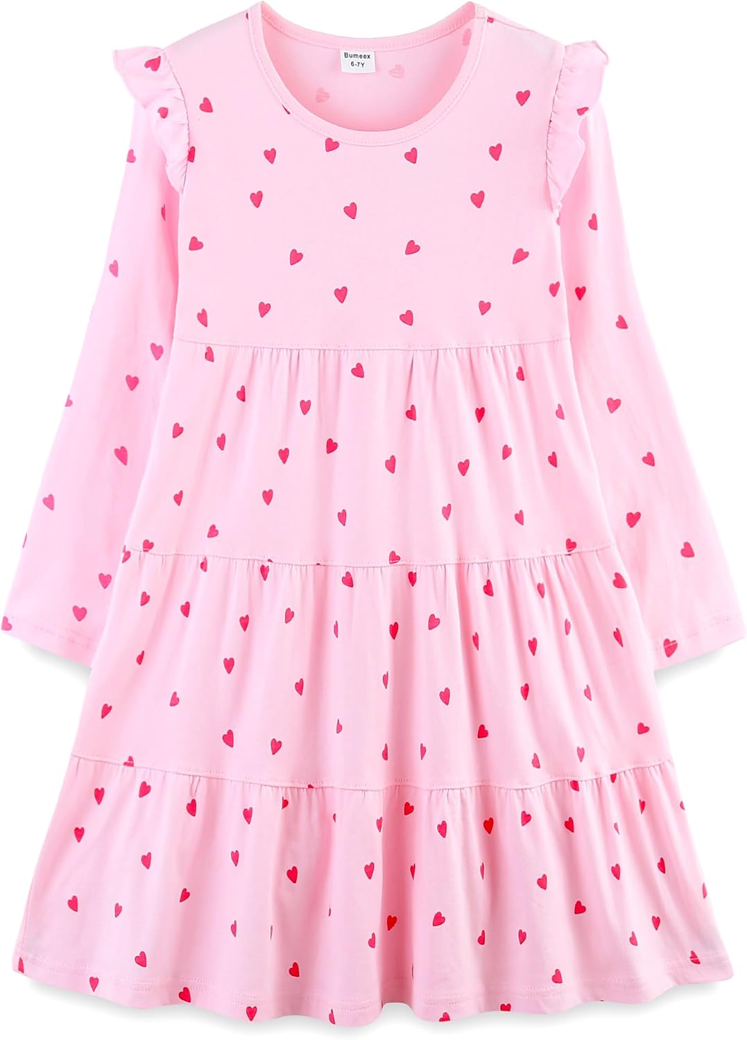 Bumeex Girl's Dresses Cotton Ruffle Sleeve Tiered Swing A-Line Cute Midi Casual Sundress #Pink Heart