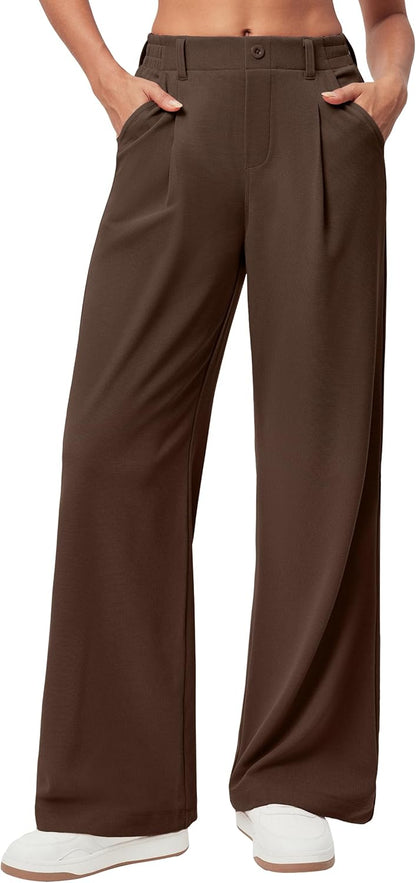 Women's Wide Leg Work Pants - Stretchy Pull-On Business Casual Trousers with Pockets Large Coffee- 28'' Regular