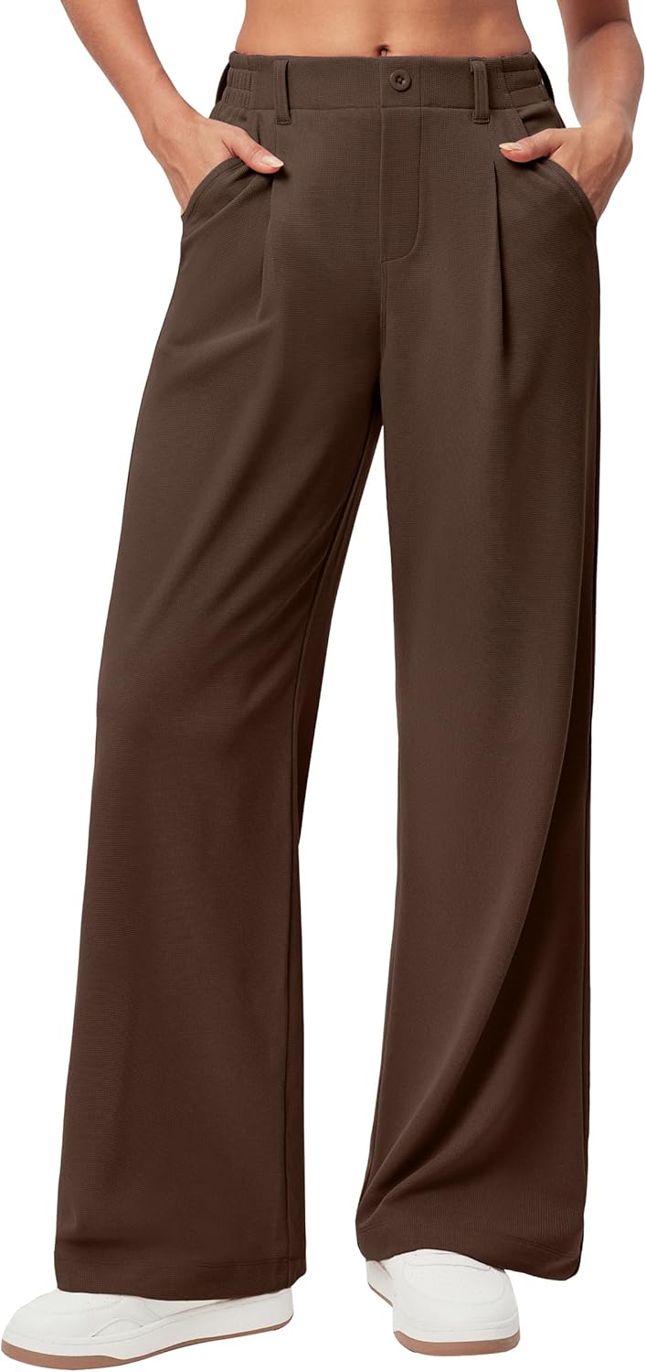 Women's Wide Leg Work Pants - Stretchy Pull-On Business Casual Trousers with Pockets Large Coffee- 28'' Regular