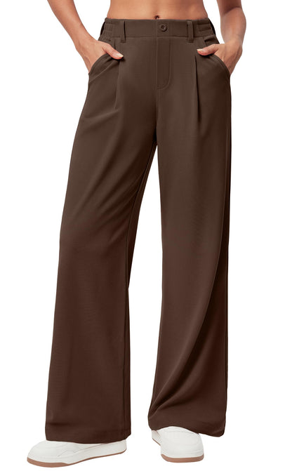 Women's Wide Leg Work Pants - Stretchy Pull-On Business Casual Trousers with Pockets Coffee- 28'' Regular
