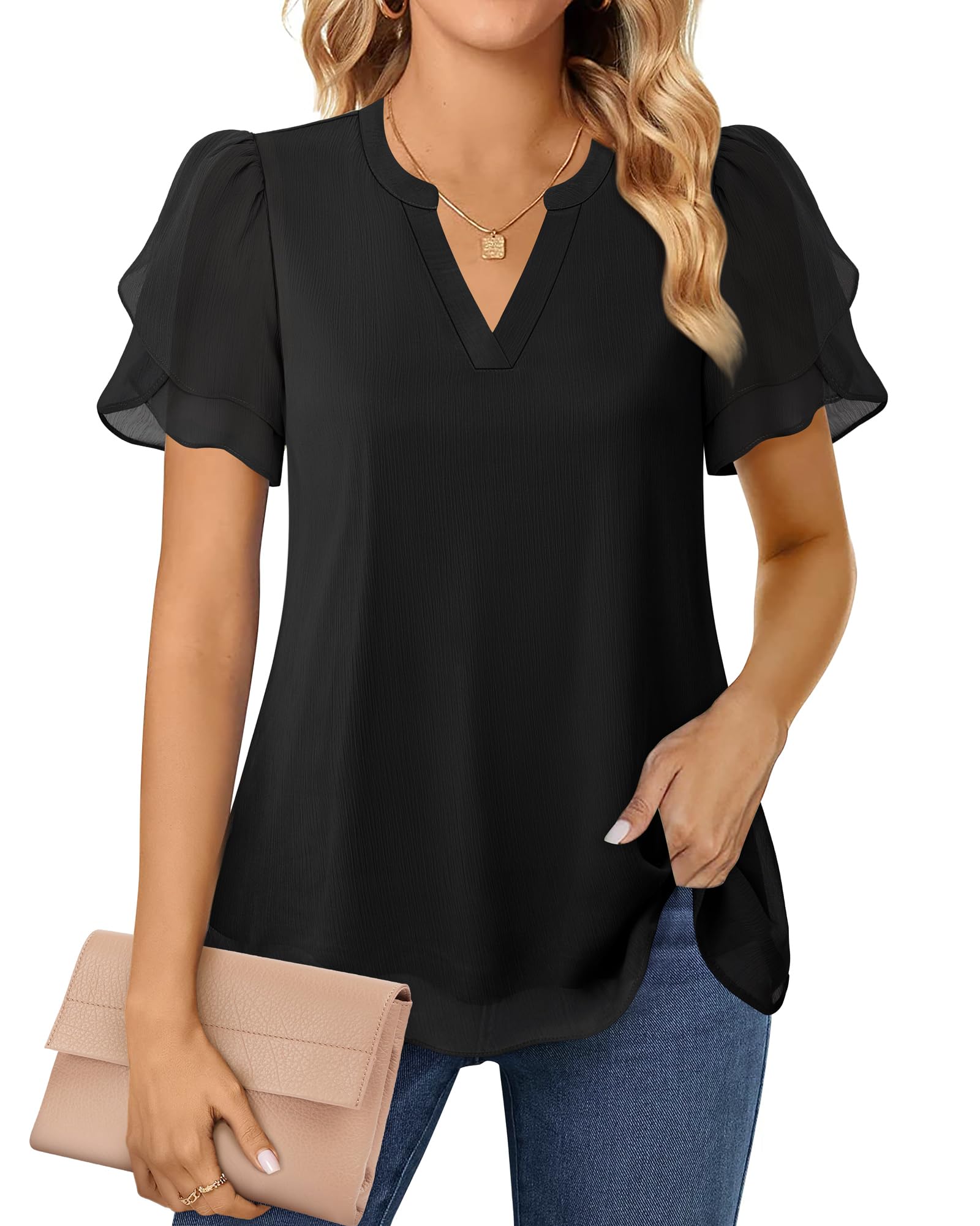 Polyester Blouses - Women's Chiffon Blouse V-Neck Puff Sleeve Summer Top for Work and Casual Wear