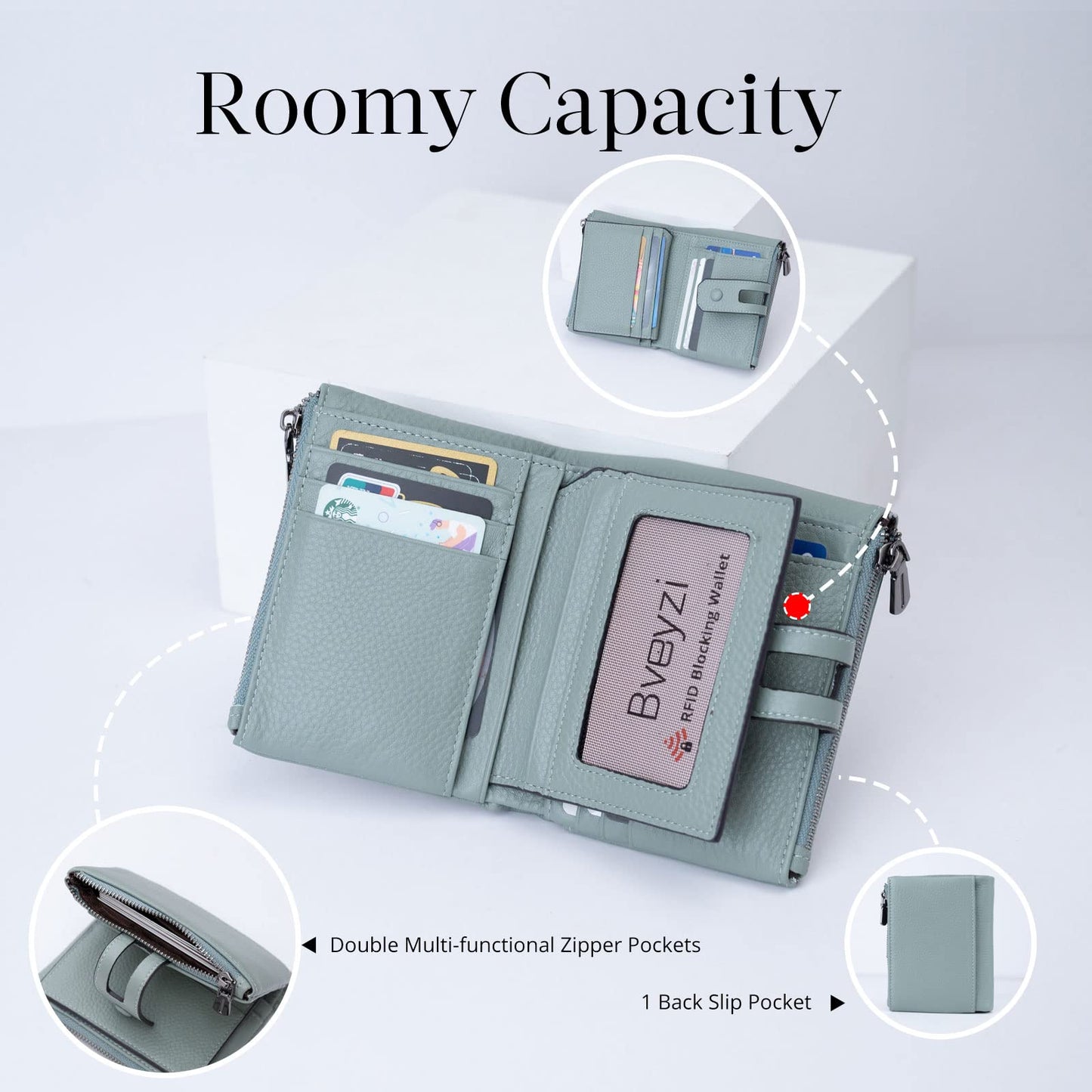 Women Leather Wallet - Small RFID Blocking Card Holder with Double Zipper