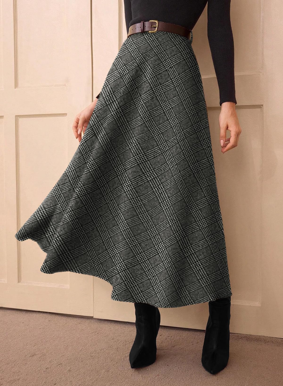 Women's Plaid Skirts - High Waist A-Line Midi Tartan Skirt with Pockets