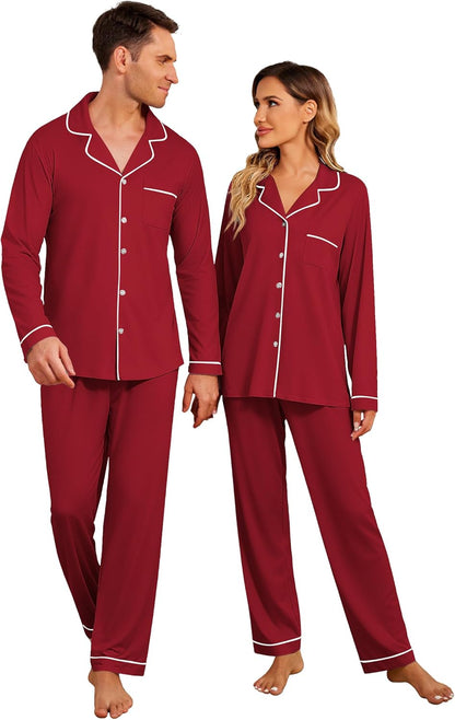 Christmas Family Matching Pajamas - Long Sleeve Button Down PJ Set Solid-wine Red Men