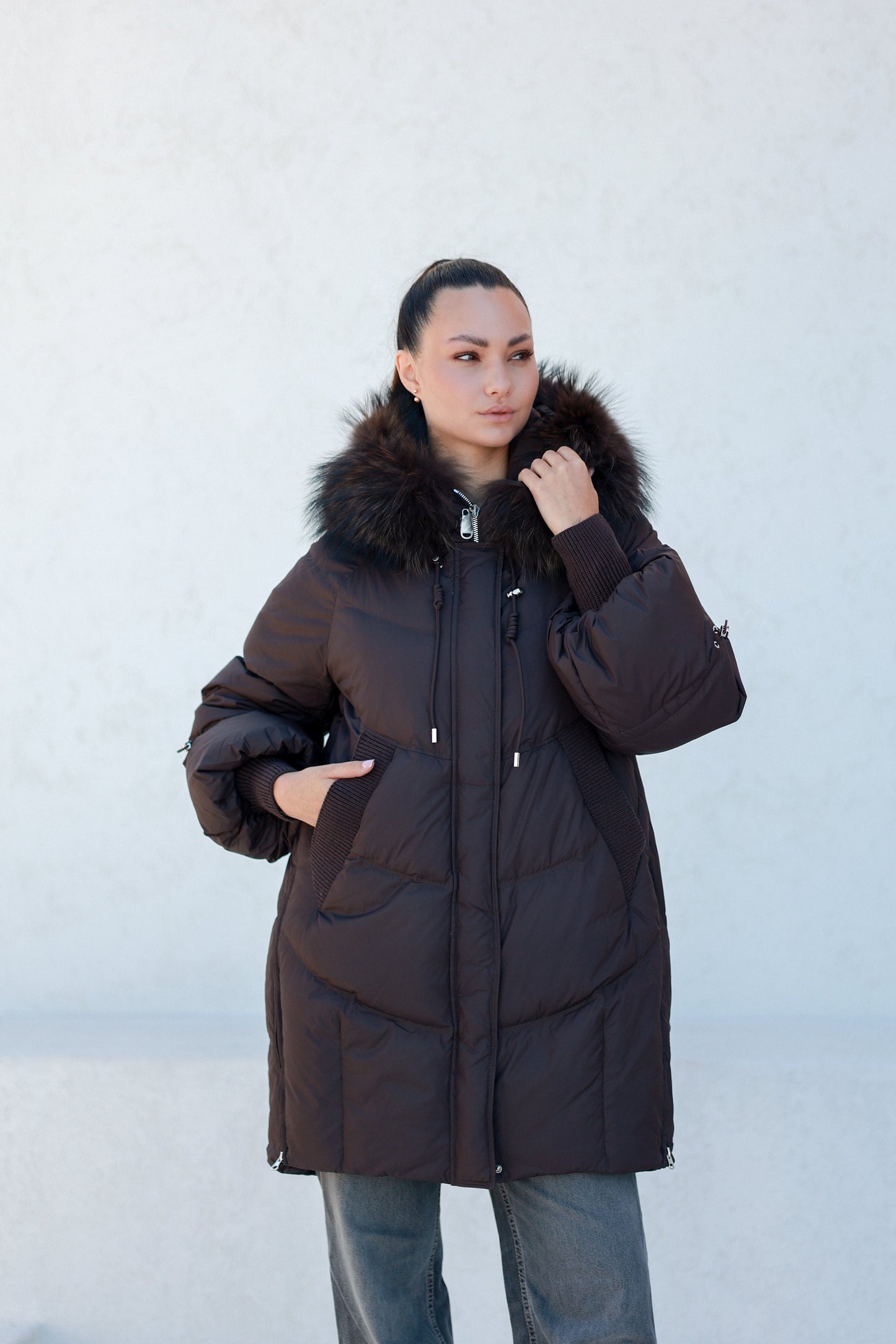 Celeste Genuine Fur Trim Down Fill Coat in Fig