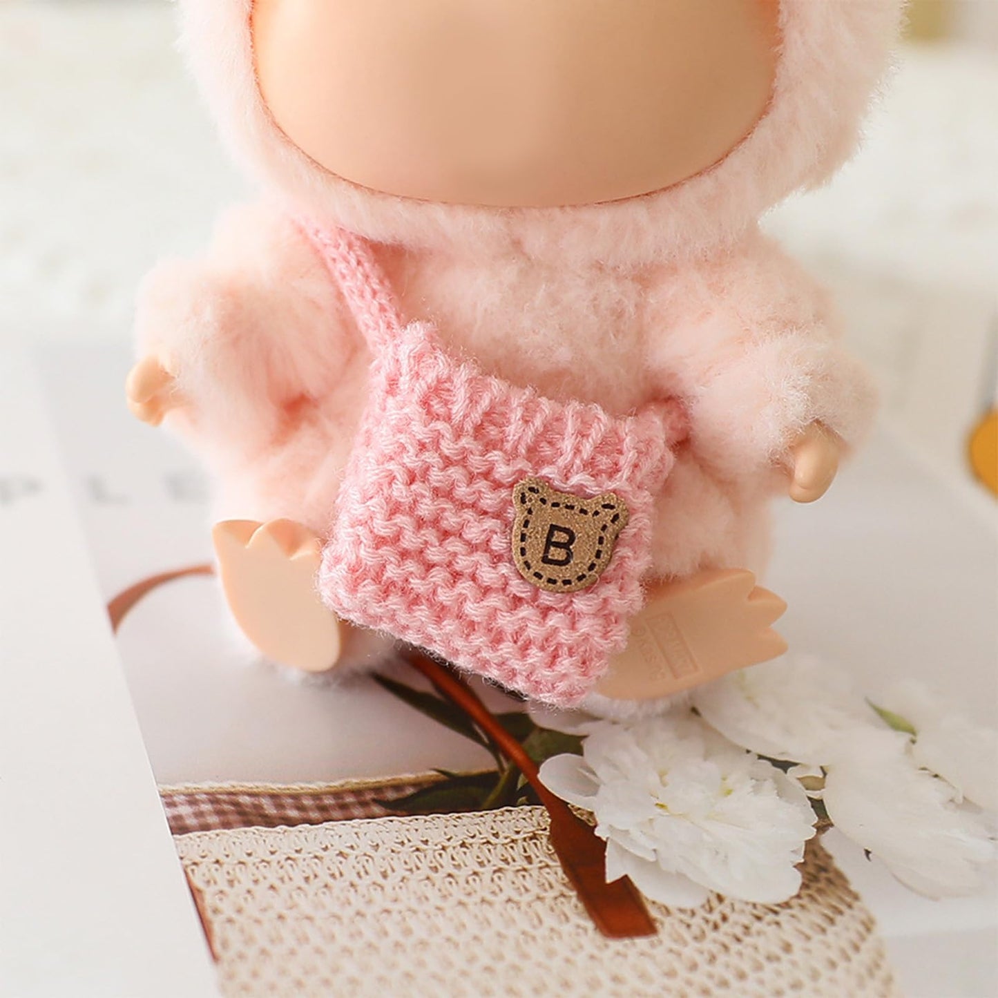 3 Piece Handmade Crochet Outfit for 17cm Dolls - Heart Sweater Hat & Bag Set