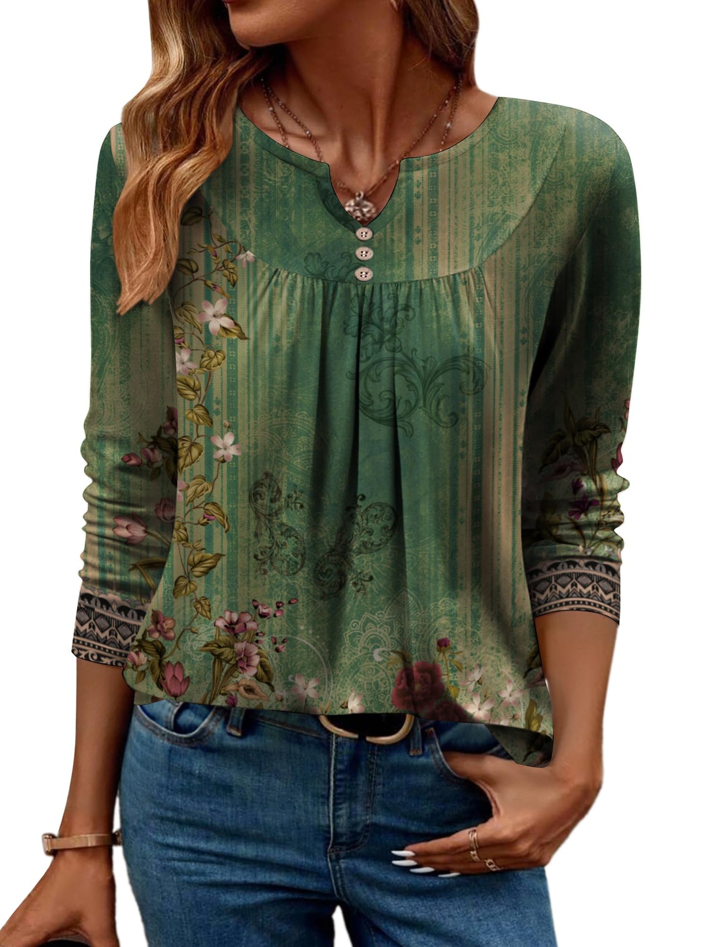 Women Long Sleeve V Neck Blouse - Casual Dressy Work Tunic Top with Pleated Detail 2025 A01-green Print