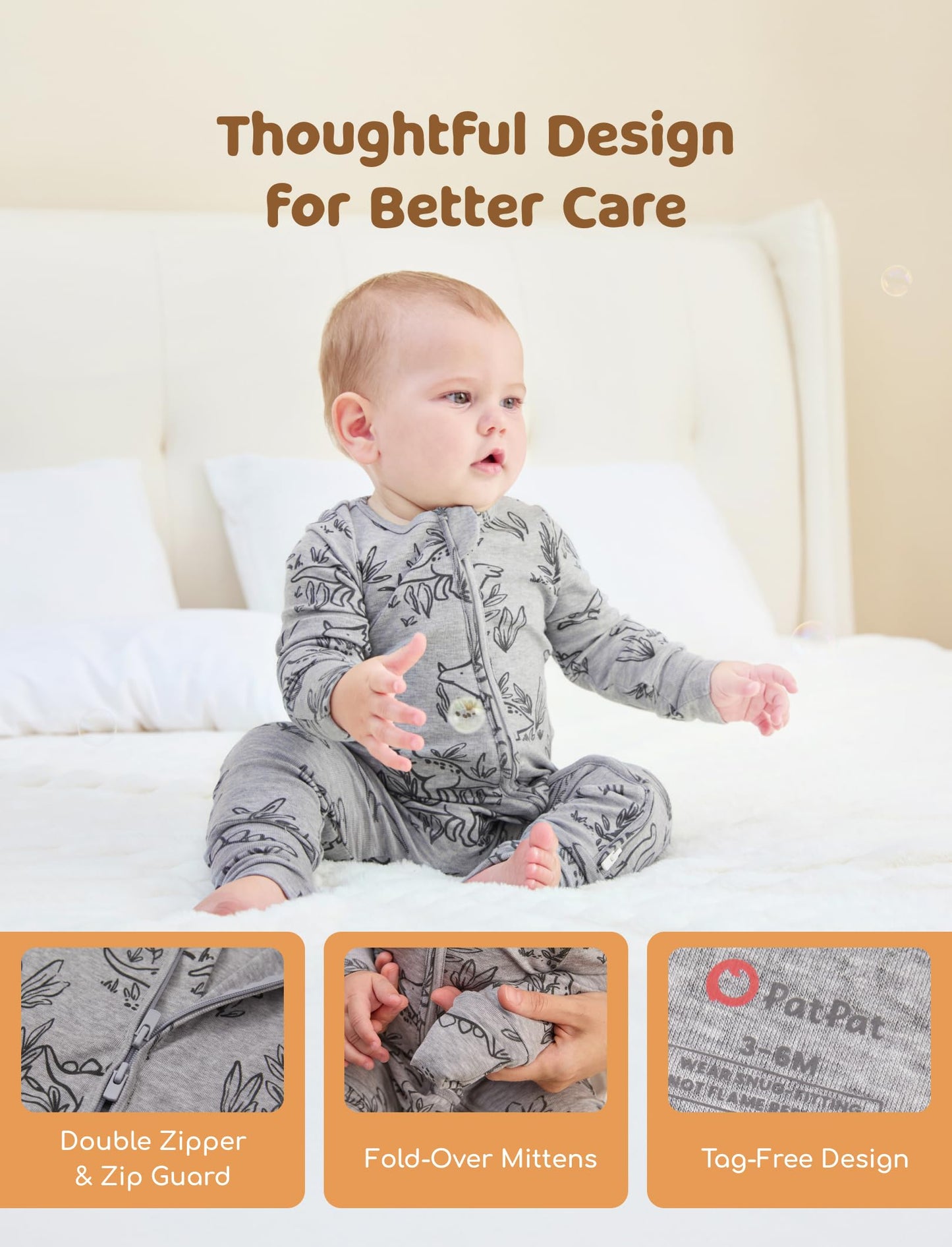 PATPAT Baby Footie Pajamas - Premium Tencel Lyocell & Wool Romper with 2-Way Zipper