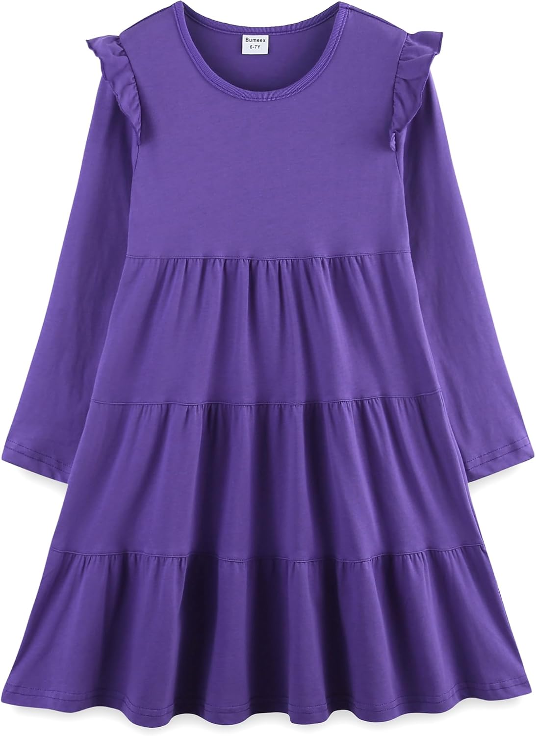 Bumeex Girl's Dresses Cotton Ruffle Sleeve Tiered Swing A-Line Cute Midi Casual Sundress #Purple