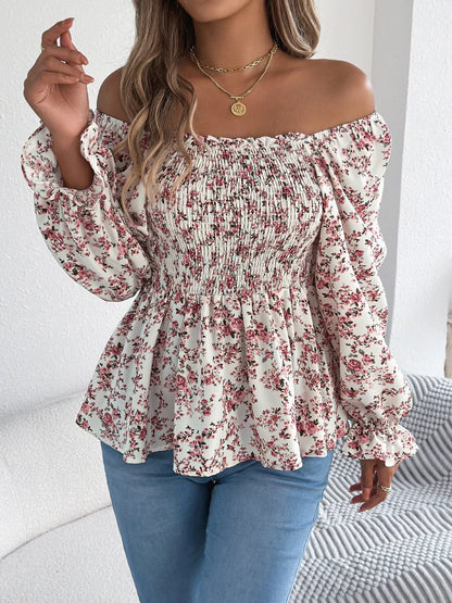 Full Size Floral Print Smocked Long Sleeve Blouse Plus Size