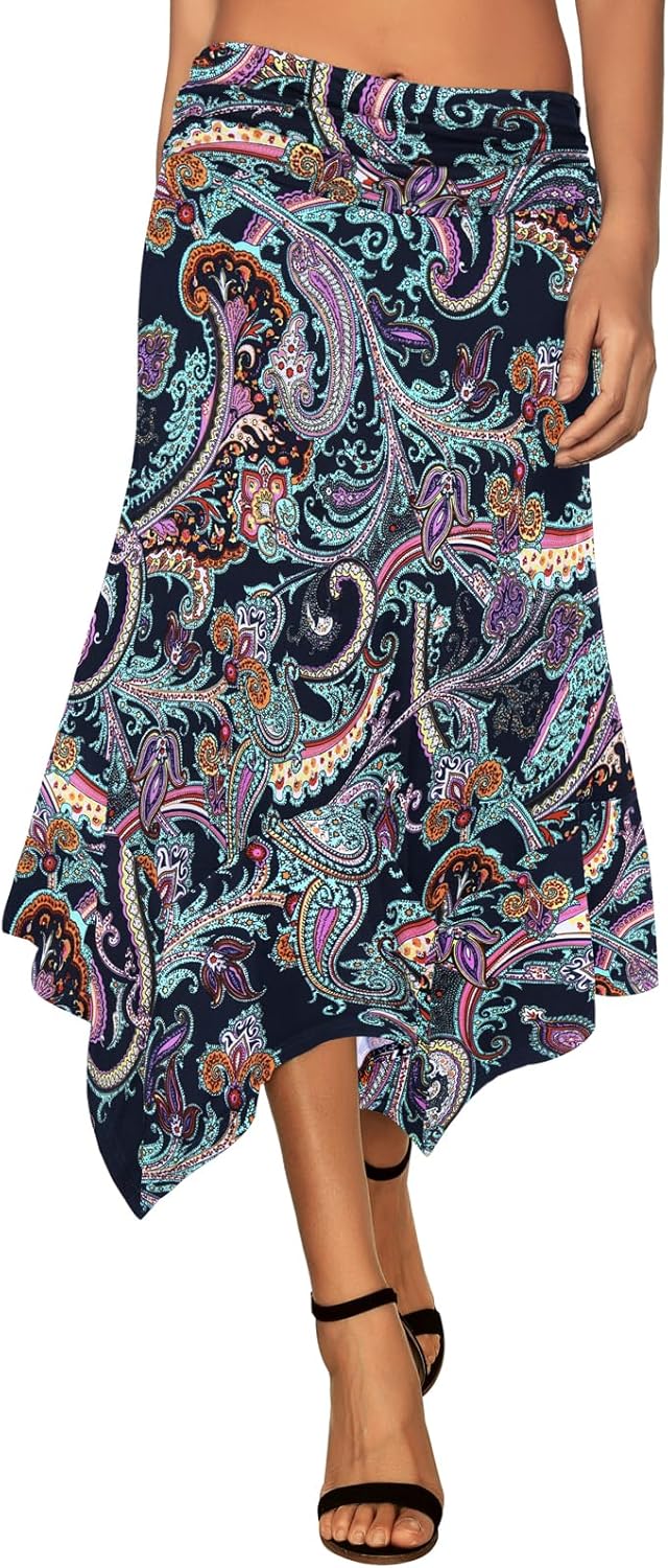 Women's Flowy Handkerchief Hemline Midi Skirt - Elastic Waist Asymmetrical Hem Purple Paisley