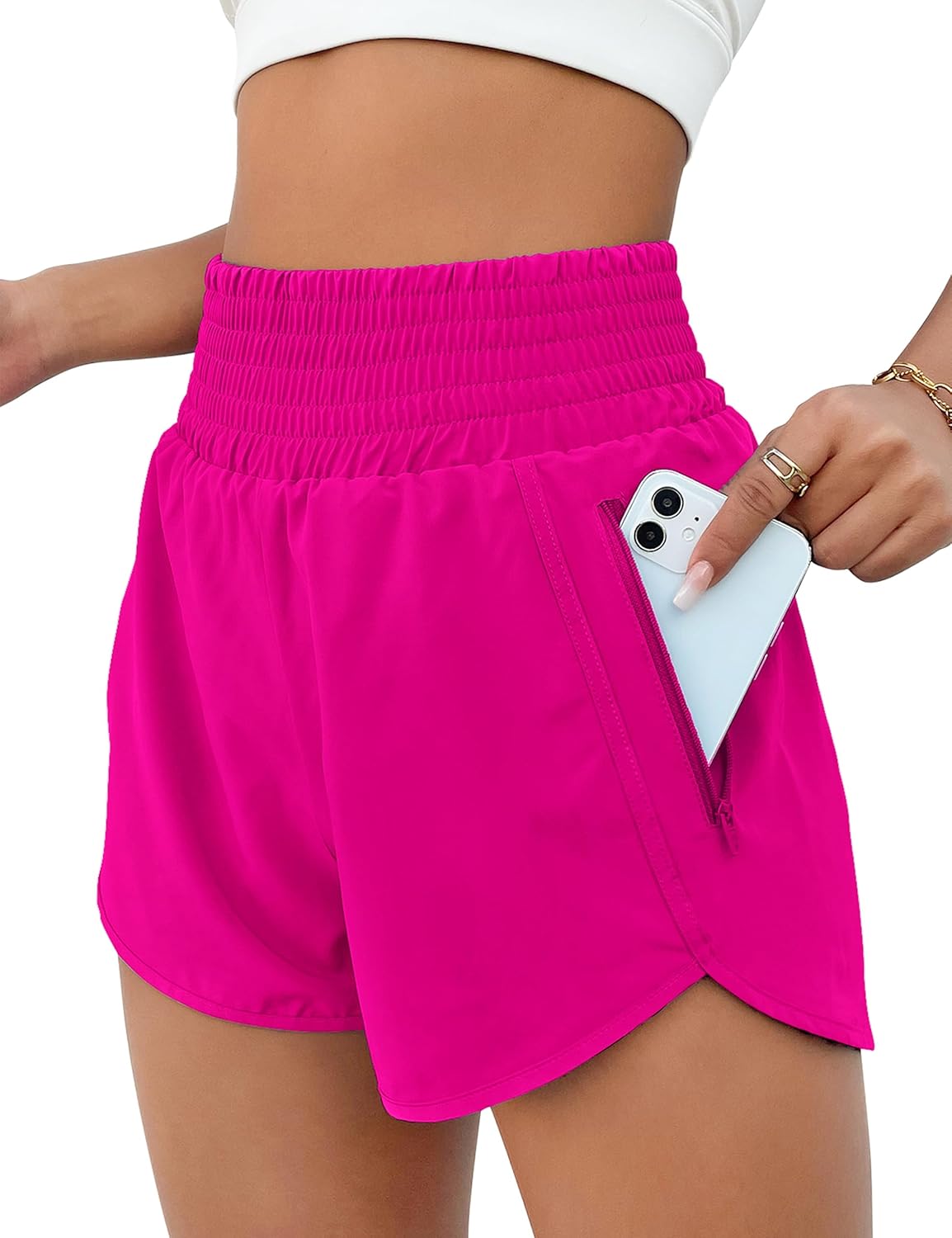 High Waisted Athletic Shorts Women Running Workout Shorts with Pockets Gym Sporty Bright Pink013