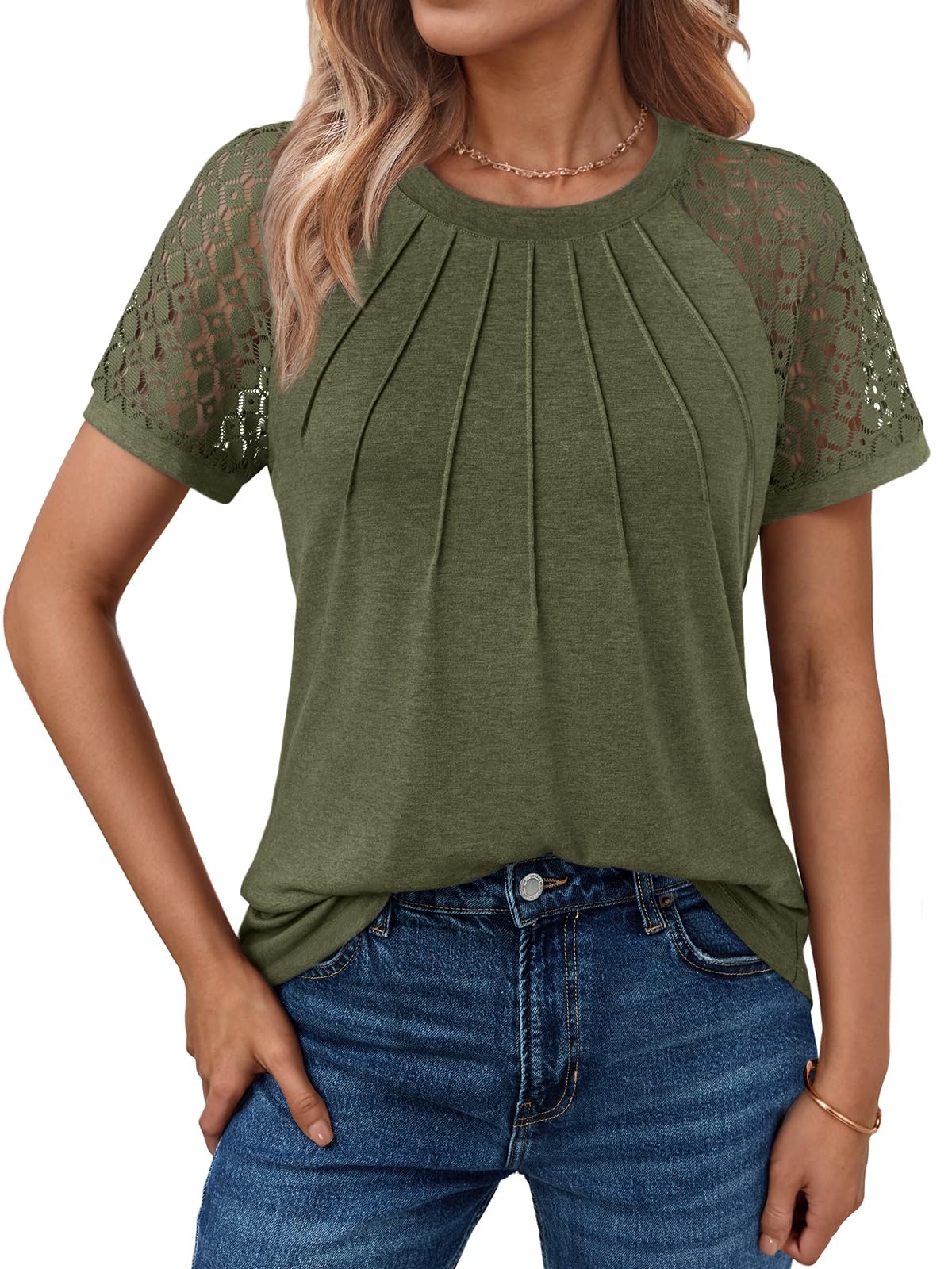 Women's Summer Lace Top Short Sleeve Business Casual Blouse Army Green