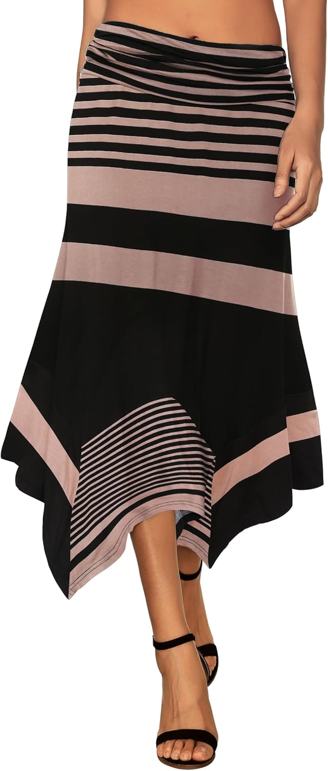 Women's Flowy Handkerchief Hemline Midi Skirt - Elastic Waist Asymmetrical Hem Coffee Stripes
