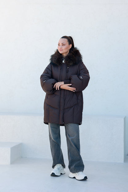 Celeste Genuine Fur Trim Down Fill Coat in Fig