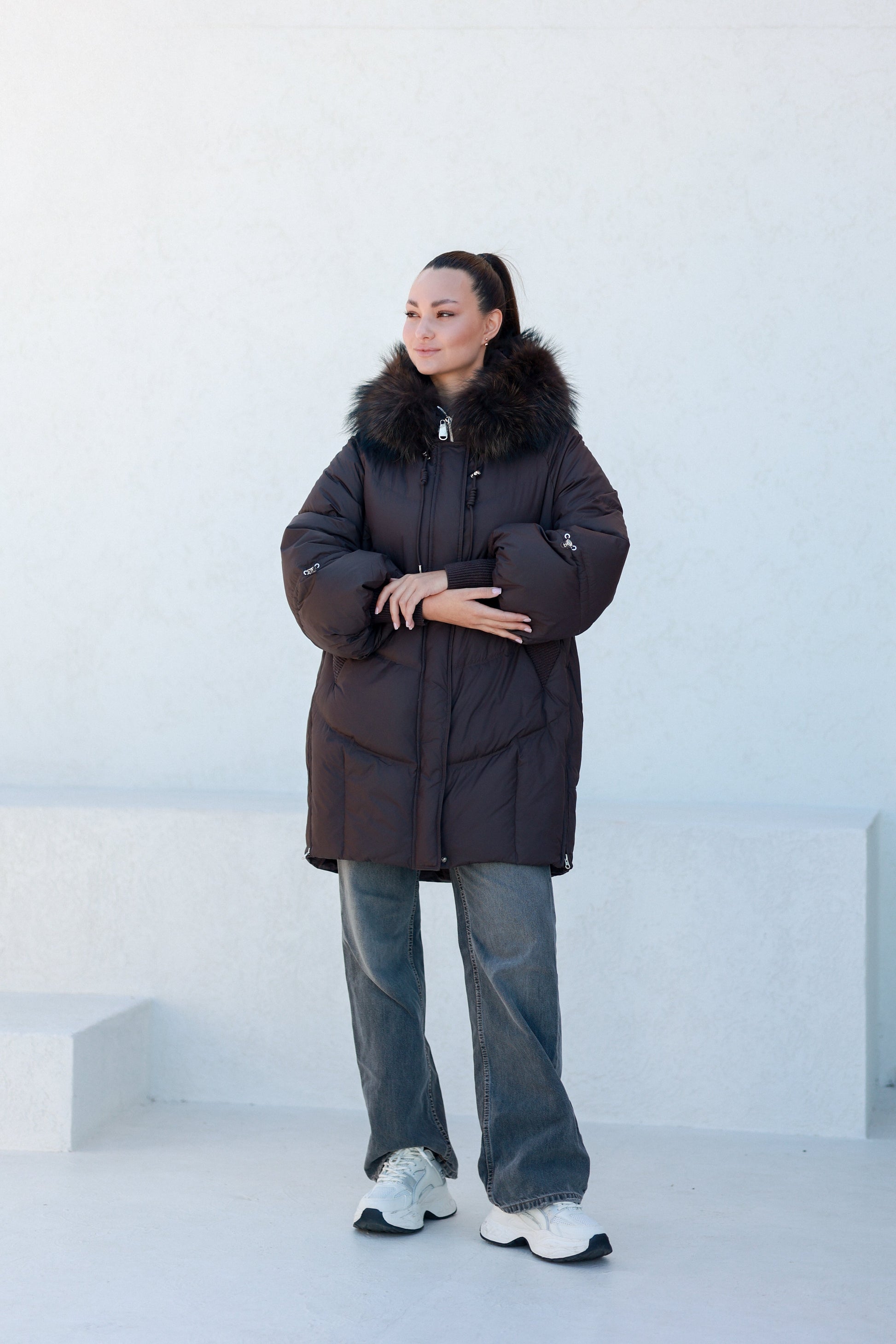 Celeste Genuine Fur Trim Down Fill Coat in Fig