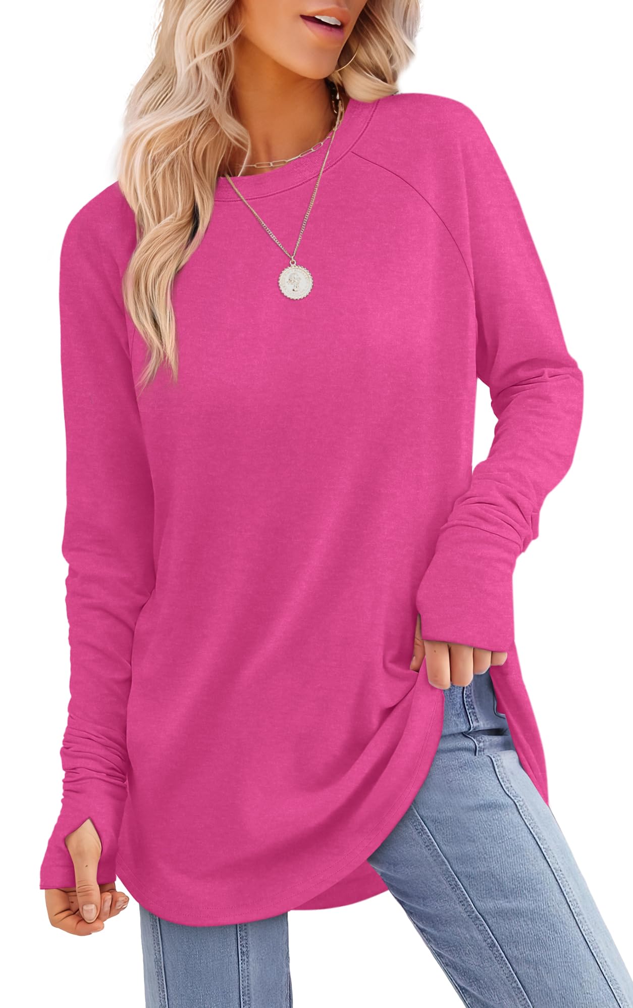 Tunic Top with Thumb Holes for Women - Long Sleeve Shirt with Curved Hem