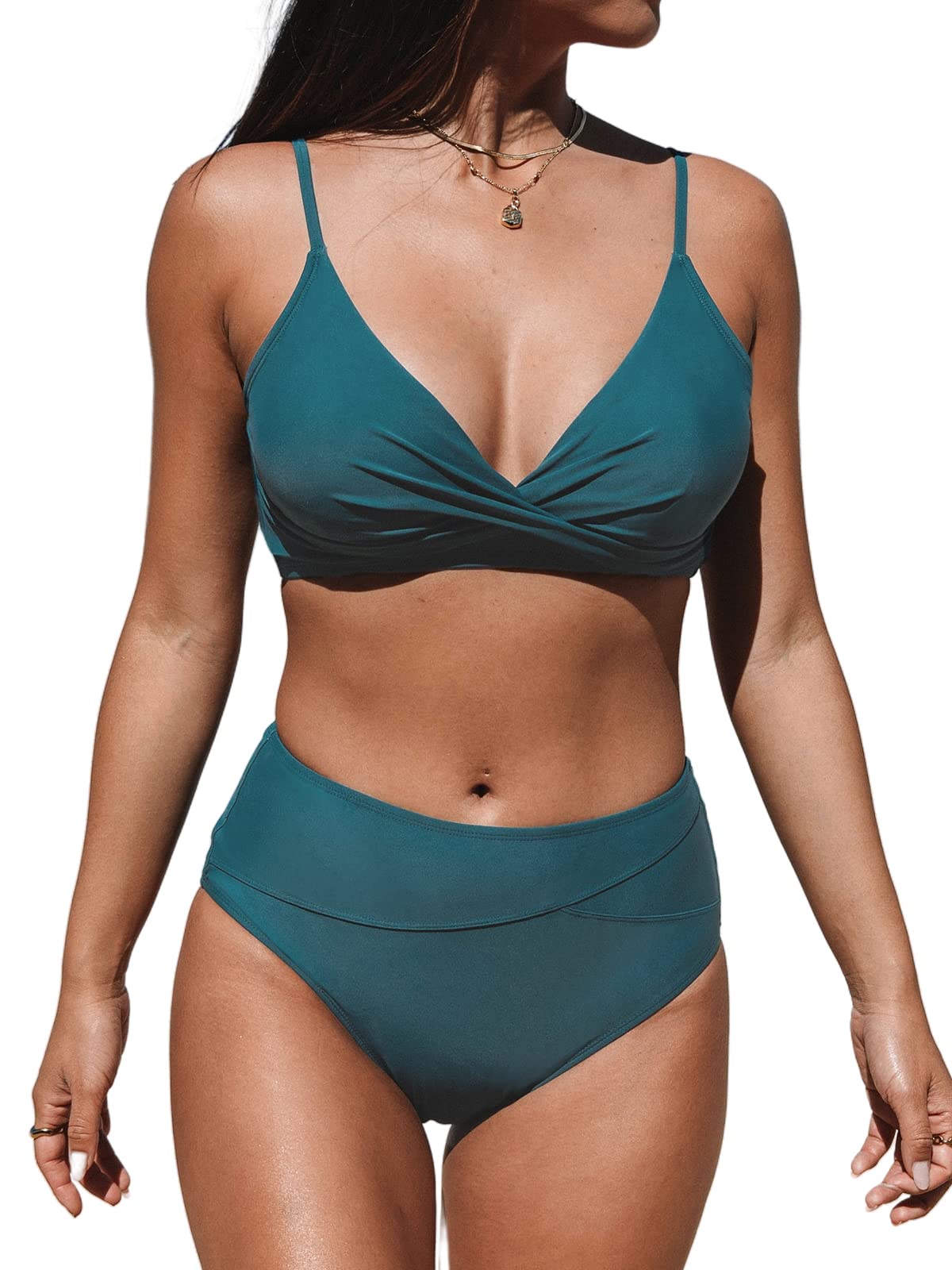 Women's High Waisted Bikini Set - V Neck Twist Front Two Piece Swimsuit with Adjustable Straps Ocean Blue