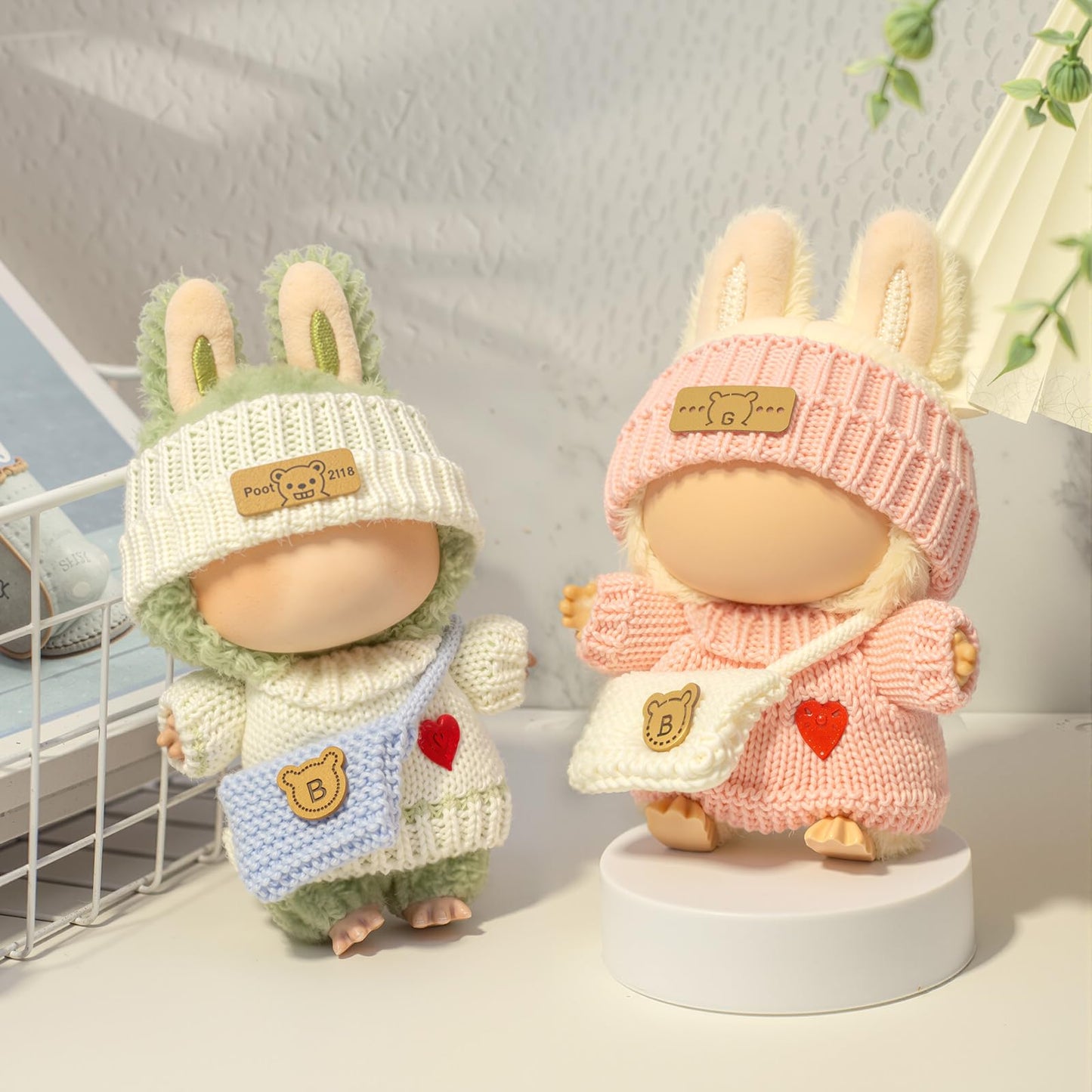 3 Piece Handmade Crochet Outfit for 17cm Dolls - Heart Sweater Hat & Bag Set