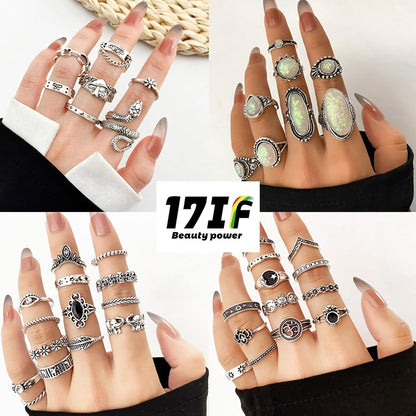 Vintage Silver Knuckle Rings Set 42 Pieces Adjustable Gothic Stackable Rings