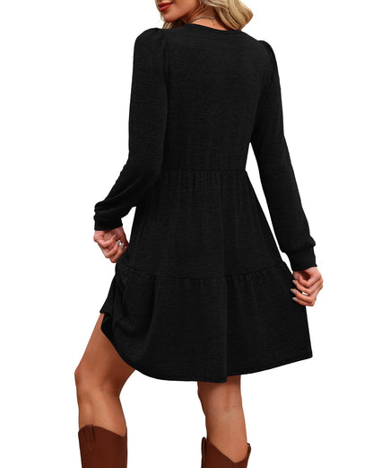 Women's Long Sleeve Fall Dresses with Pockets - Crew Neck Babydoll Casual Dress