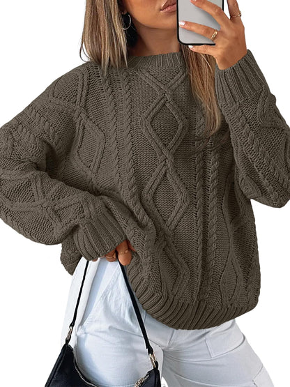 Women's Oversized Cable Knit Crewneck Sweaters - Cozy Fall Pullover Cedar Brown