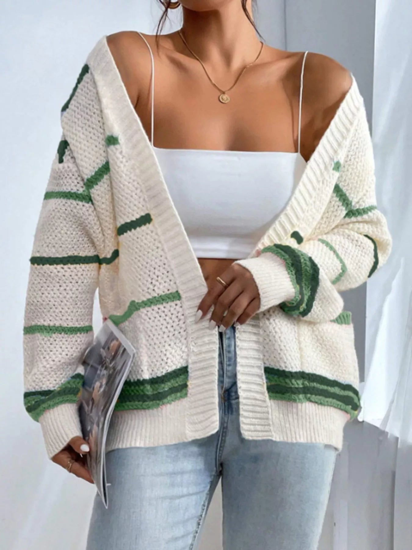 Striped Knit Open Front Cardigan
