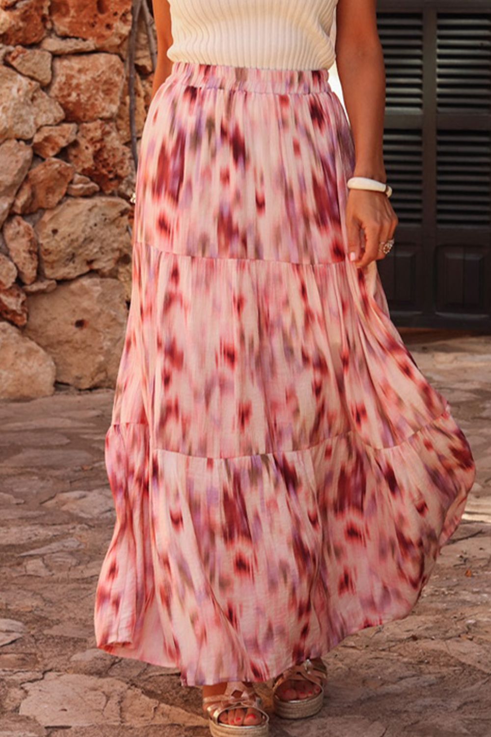 Tiered Printed Elastic Waist Skirt Dusty Pink